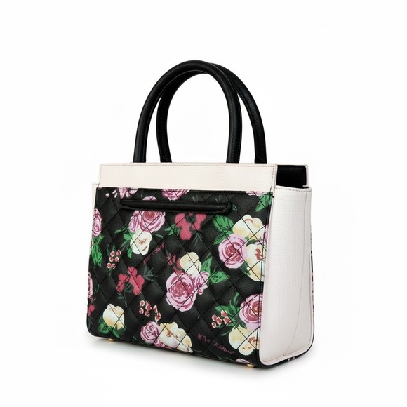Betsey Johnson Floral Quilted Satchel Bag Pink Coquette Bow Lace Heart - Picture 2 of 9